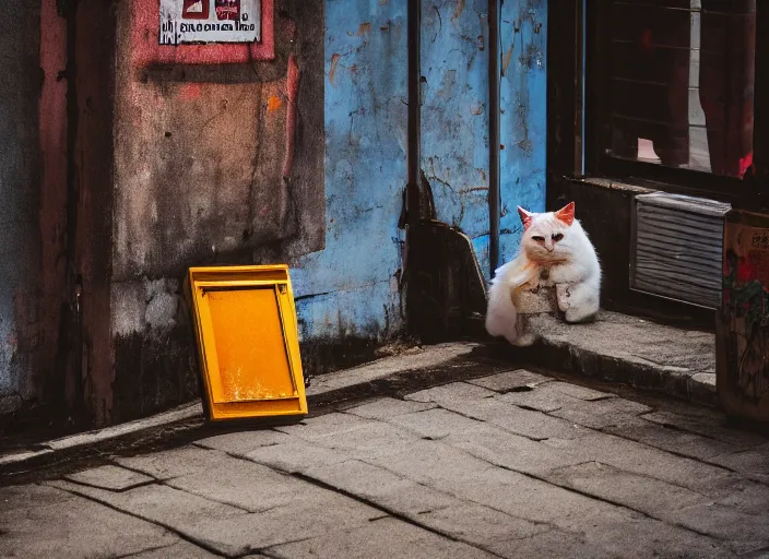 Image similar to photography of a Cat sitting on a box. in a cyberpunk street, award winning photo, colors, 100mm, sharp, high res