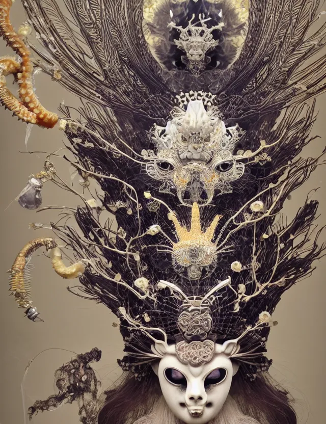 Image similar to goddess macro close - up portrait wigh crown made of ram skull. beautiful intricately detailed japanese crow kitsune mask and clasical japanese kimono. betta fish, jellyfish phoenix, bioluminiscent, plasma, ice, water, wind, creature, super intricate ornaments artwork by tooth wu and wlop and beeple and greg rutkowski