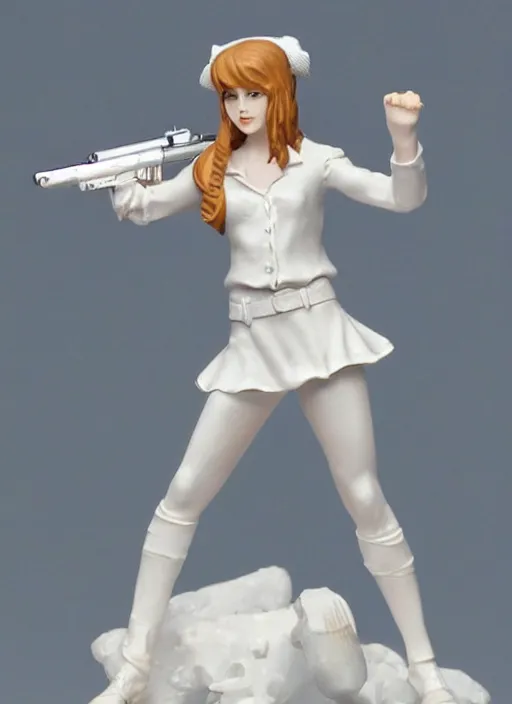 Prompt: Image on the store website, eBay, Wonderfully detailed 80mm Resin figure of a girl in white with a gun.