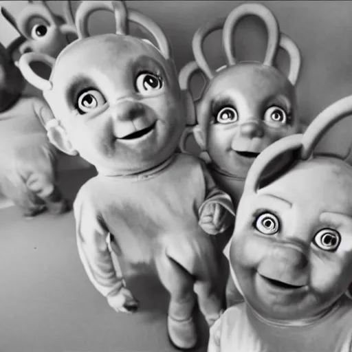 Image similar to photorealistic photo of creepy teletubbies