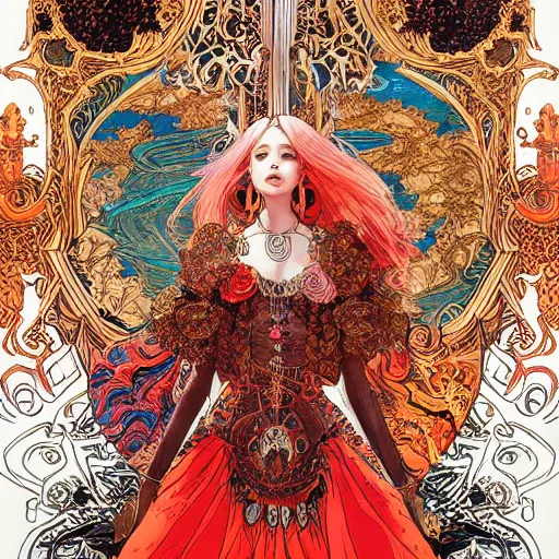 Image similar to jisoo + blackpink + elements + red + gold + neon + baroque + rococo + white + orange + ink + tarot card, ornate + by marc simonetti, paul pope, peter mohrbacher, detailed, intricate ink illustration + damask + award winning + 8 k