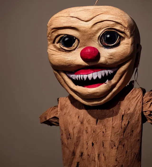 Prompt: hyper realistic photography of horror ventriloquist wooden monster puppet with old carved painted head