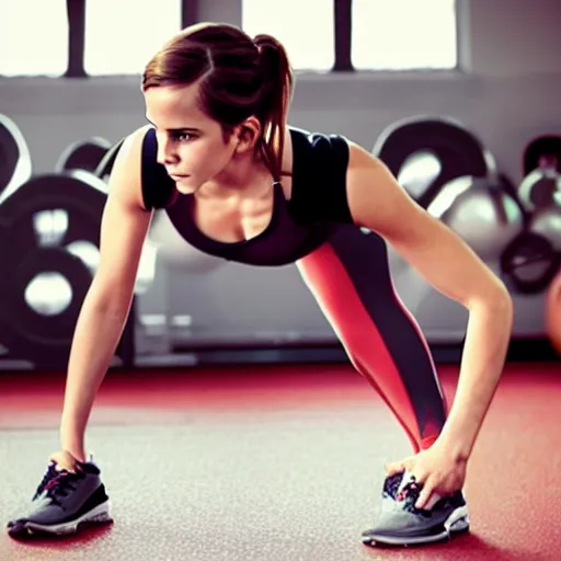 Image similar to emma watson working out in a gym, tight sporting clothes, warm lighting, depth of field