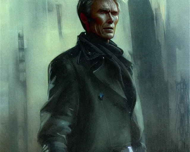 Image similar to 2 0 1 8 blade runner movie very very young clint eastwood in his youth western look at the cityscape from roof perfect face fine realistic face pretty face reflective polymer suit tight neon puffy jacket blue futuristic sci - fi elegant by denis villeneuve tom anders zorn hans dragan bibin thoma greg rutkowski ismail inceoglu illustrated sand storm alphonse mucha