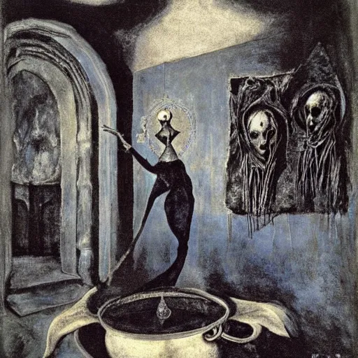 Prompt: An old wrinkled witch dressed in black stirring her cauldron. El Greco, Remedios Varo, Salvador Dali, Carl Gustav Carus, John Atkinson Grimshaw. Blue tint. Symetrical, logo, geometric shapes.