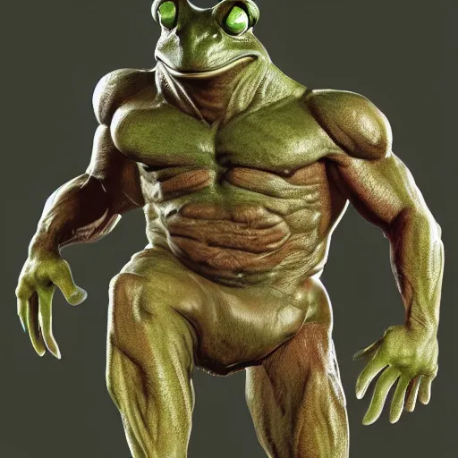 Image similar to a anthropomorphic frog - man with a tall, muscular physique and large dilated eyes, highly detailed concept art