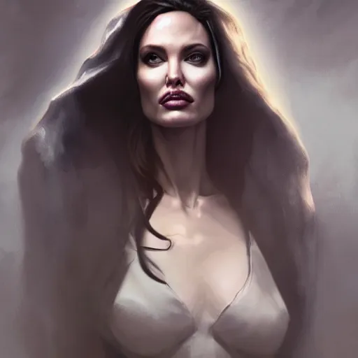 Image similar to Angelina Jolie as Lucifer Morningstar, highly detailed, digital painting, artstation, concept art, smooth, sharp focus, illustration, ArtStation, art by Katsuhiro Otomo and Tom Bagshaw