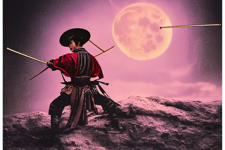 Image similar to young samurai trained by the chasm, in the style of frank paul and patrick woodroffe and roy krenkel, trending on artstation, moon light closeup view film poster, inverted colors, telephoto lens, macro lens, atelier populaire