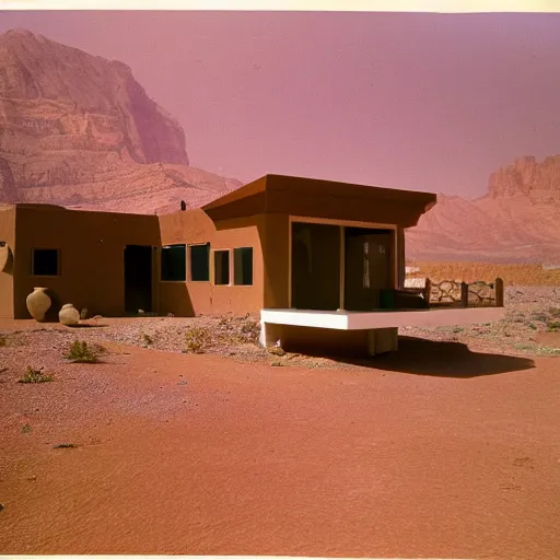 Image similar to a photo of a desert villa in 1 9 7 5, color,
