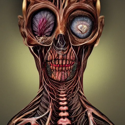 Image similar to a beautiful detailed photo of a rotten woman corpse portrait open in two sides morphing into fractal plants and fractal flowers and mushrooms, muscles, veins, anatomical, intricate, ornate, volumetric light, beautiful lit, romero ressendi