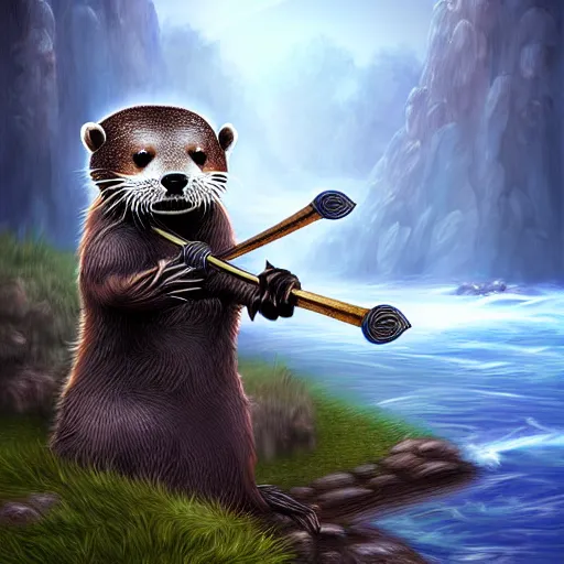 Image similar to furry otter warrior, fantasy art, lightweight armour, near the river, waterfall, digital art, high quality