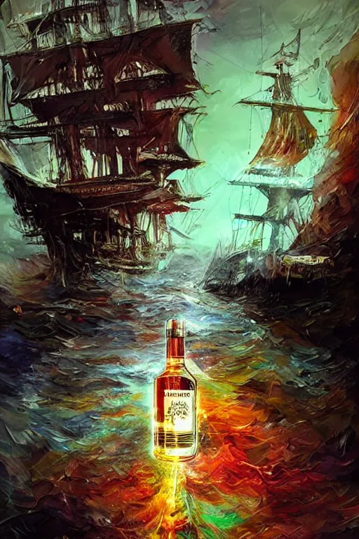 Prompt: a ship in a bottle but instead of a ship it is jack nicholson in the bottle, painting by android jones and artgerm and greg rutkowski