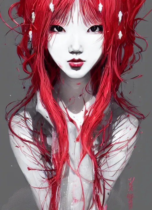 Image similar to albino maiko with very long fantasy hair, dluent composition, red and white neon, concept art, intricate details, highly professionally detailed, cgsociety, highly detailed -