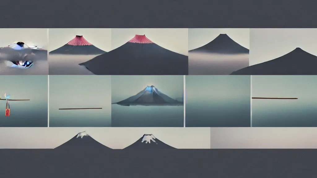 Prompt: a variety of handmade wooden chopsticks, avant - garde design, at the edge of yamanaka lake reflecting mount fuji overcast sky, a collage painting, in the style of wes anderson, lola dupre, david hockney, isolated on negative white space background dark monochrome neon spraypaint accents volumetric octane render