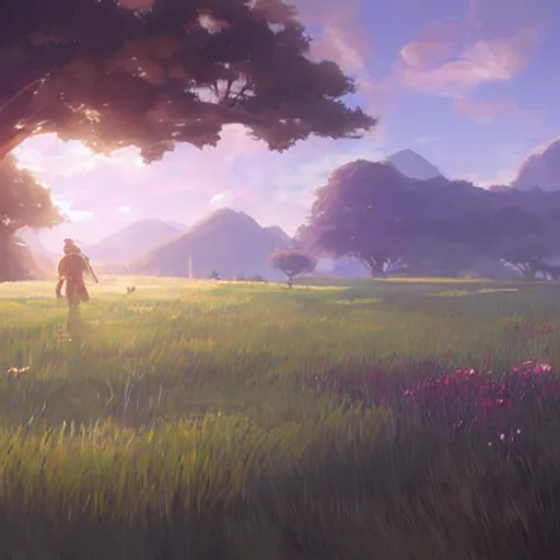 Prompt: landscape painting of a beautiful lush field. clean sharp digital art, environment concept art, by rossdraws, ghibli, breath of the wild, greg rutkowski