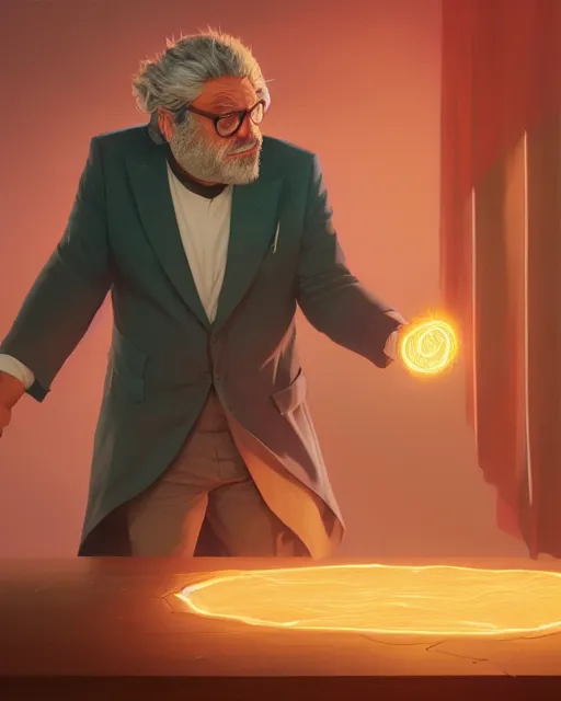 Image similar to highly detailed vfx portrait of beppe grillo casting a light spell, unreal engine, greg rutkowski, loish, rhads, beeple, makoto shinkai and lois van baarle, ilya kuvshinov, rossdraws, tom bagshaw, alphonse mucha, global illumination, detailed and intricate environment