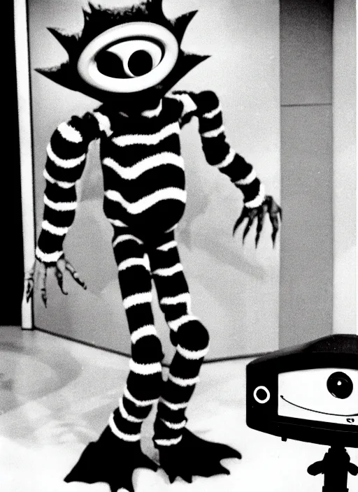 Image similar to creepy realistic scary gangly goblin monster invades the set of a 9 0's childrens tv gameshow, grainy black and white surveillance