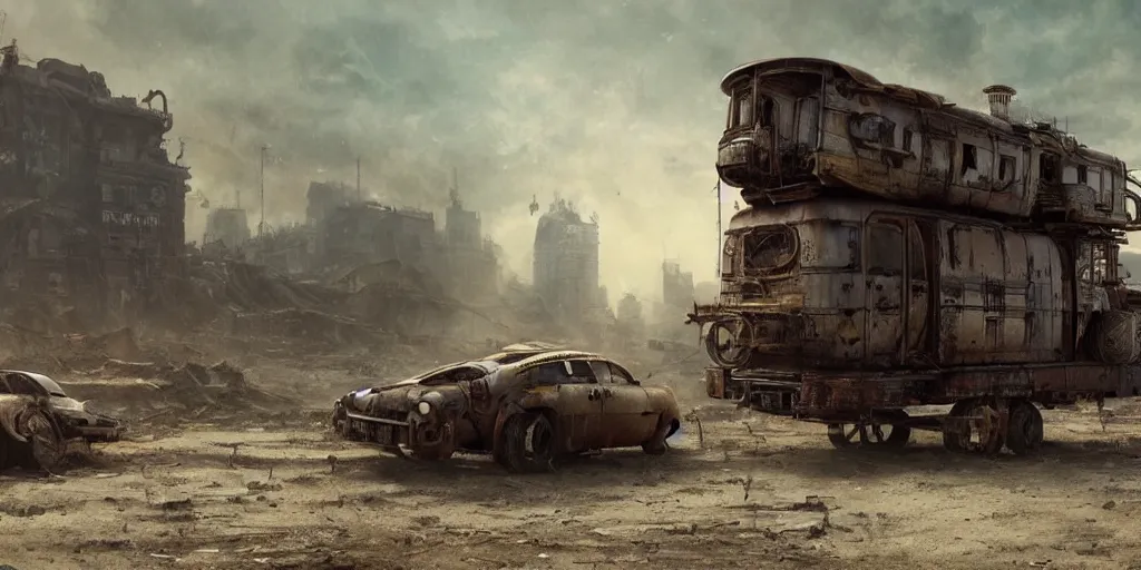 Prompt: lonely steampunk autocamper, abandoned, dirty, apocalypse, cinematic, detailed, epic, widescreen, opening, establishing, mattepainting, photorealistic, rule of thirds, 4 k, octane render, art by greg rutkowski, moebius