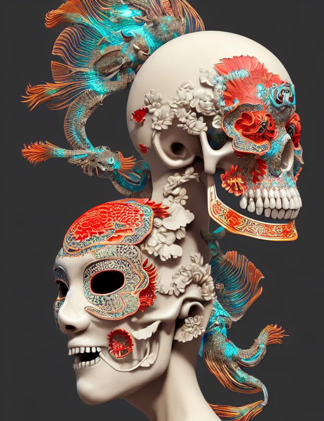 Image similar to 3 d goddess close up profile portrait with skull. beautiful intricately detailed chinese peking opera mask and clasical chinese cheongsam. betta fish, jellyfish phoenix, bio luminescent, plasma, ice, water, wind, creature, artwork by tooth wu and wlop and beeple and greg rutkowski