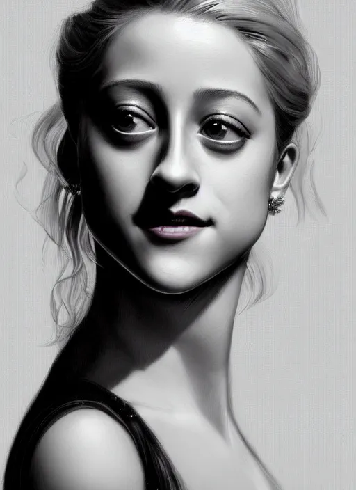 Prompt: portrait of lili reinhart with fluffy bangs, smiling kindly, bangs, 1 9 6 0 s, ponytail, curly bangs and ponytail, intricate, elegant, glowing lights, highly detailed, digital painting, artstation, concept art, smooth, sharp focus, illustration, art by wlop, mars ravelo and greg rutkowski