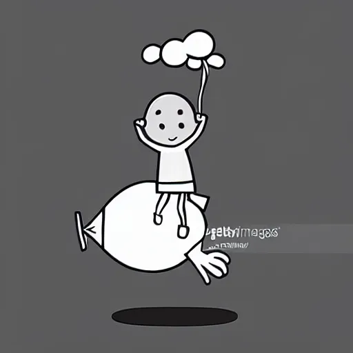 Image similar to book illustration of a balloon character holding a inflated human by a string, book illustration, monochromatic, white background, black and white image