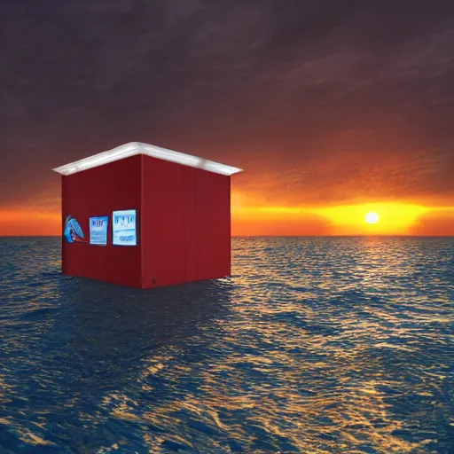 Image similar to a Walmart public restroom floating in the middle of the ocean, sunset, beautiful, ultra realistic digital art, 4k, cgsociety, HDR, Intricate, trending on artstation