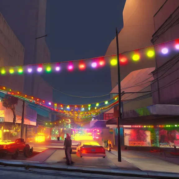 Image similar to Downtown Mexico, string lights, colorful lighting, night, realism, ((gta 5 screenshot house)), by Tooth Wu, by Lienzo Óleo Paisaje, by Greg Rutkowski