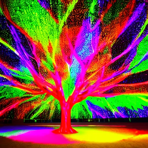 Image similar to hyper - realistic psychedelic tree with neons and lasers