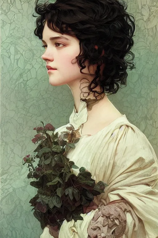 Image similar to beautiful cottagecore of a girl with short black curly hair, round face, cute face. intricate, elegant. highly detailed, digital painting, artstation, concept art, smooth, sharp, focus, illustration. art by artgerm and greg rutkowski alphonse mucha and Marat Safin