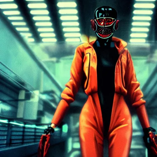 Image similar to bladerunner women wearing a jumpsuit and a biomechanical mask in the style of akira, smooth, sharp focus, hat lines, film still, zeiss lens