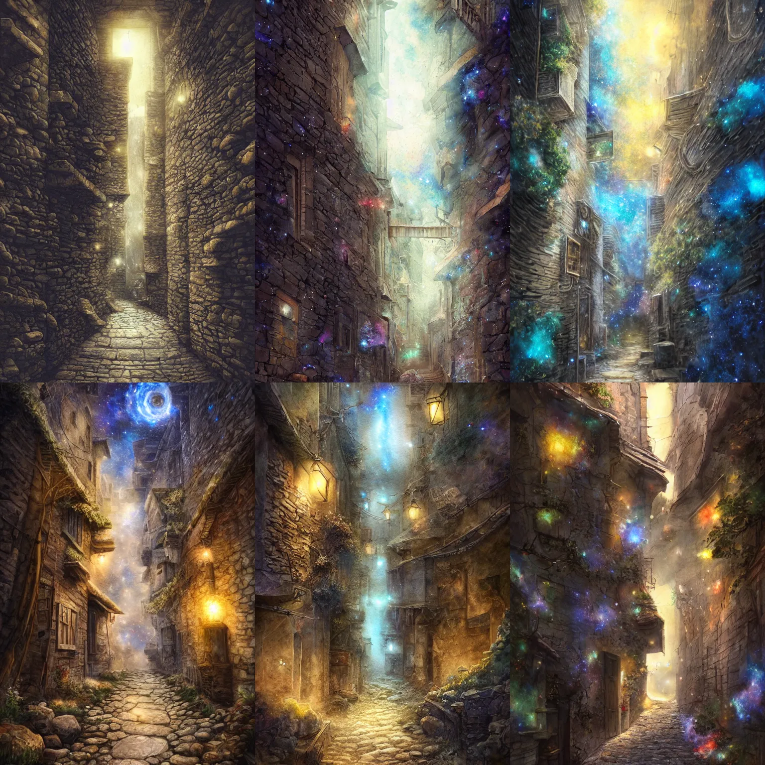 Prompt: a narrow alleyway, stone path made of galaxies and stars, diffuse lighting, strong imagery, detailed watercolour, highly detailed 8k, cinematic lighting, HD, high detail, atmospheric, trending on artstation