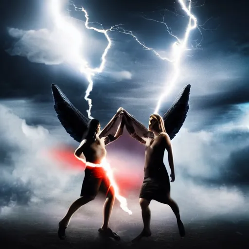 Image similar to Two people: one angel and one devil. Angel battling devil. Scene airborne in the clouds. Background lightning and explosions and black smoke. Backlit