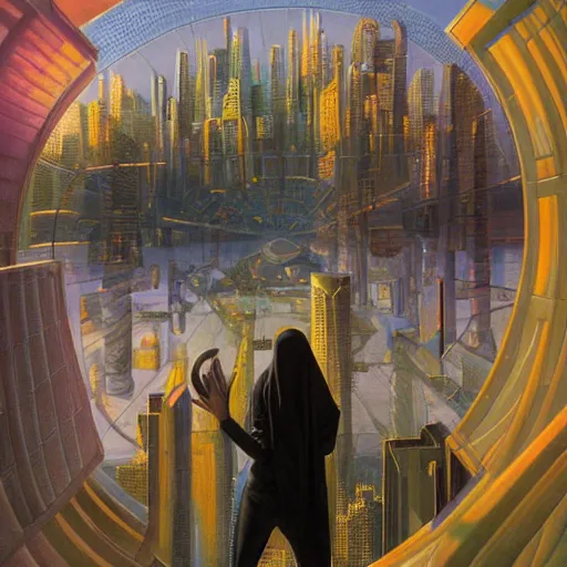 Image similar to detailed face of an arabic woman, tectonic cityscape, skydome, reactor, utopian, wet reflections, prism, atmospheric, ambient, pj crook, syd mead, livia prima, artgerm, greg rutkowski, nick alm, casey baugh