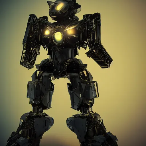 Prompt: cat in a mecha armor, moody lighting, 8 k, shallow depth of field, cinematic lighting,