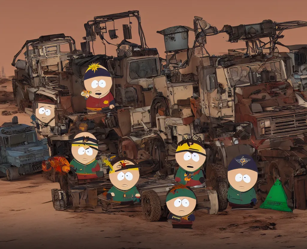 Image similar to South Park Fury Road War Rig and desert background, borderlands video game 4k render