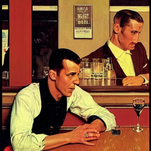 Image similar to a portrait of a man in the 1 9 6 0 s drinking alone in a bar late at night, by norman rockwell