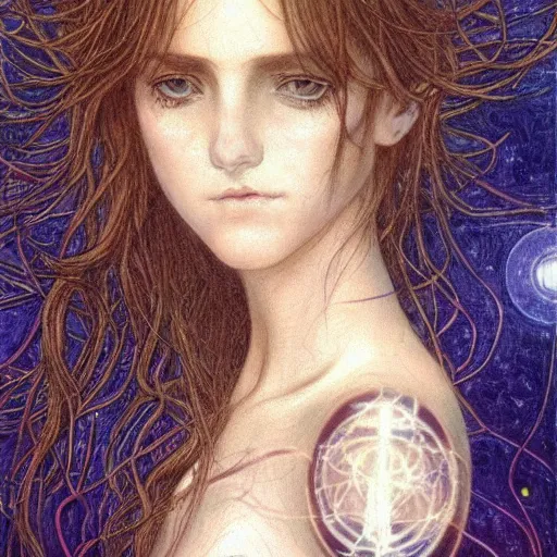 Prompt: Hermione in tattoos Extreamly beautiful Eyes Hypnotic Eyes Emotional Eyes by luis royo and Annie Swynnerton and Nicholas Roerich and jean delville glowing paper lanterns strong dramat