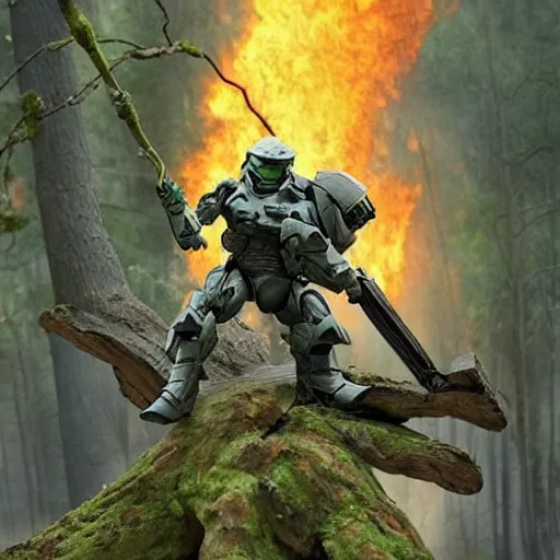 Prompt: master chief riding a tree in the middle of a forest while thr forest is burning down