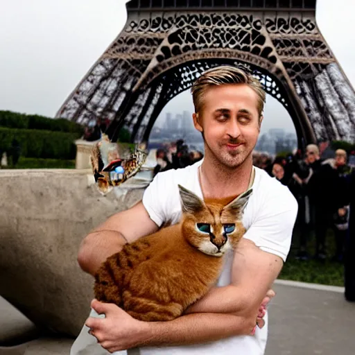 Image similar to Ryan Gosling holds a caracal cat in his hands against the backdrop of the Eiffel Tower, photography award winning