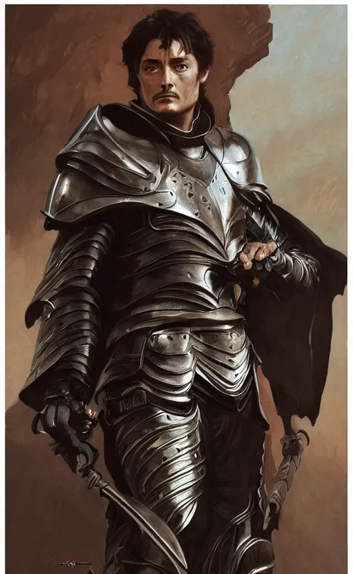 Image similar to black knight alain delon, traditional corsican, intricate, highly detailed, artstation, illustration, jurgens, rutkowski, bouguereau, 16th century plate armor