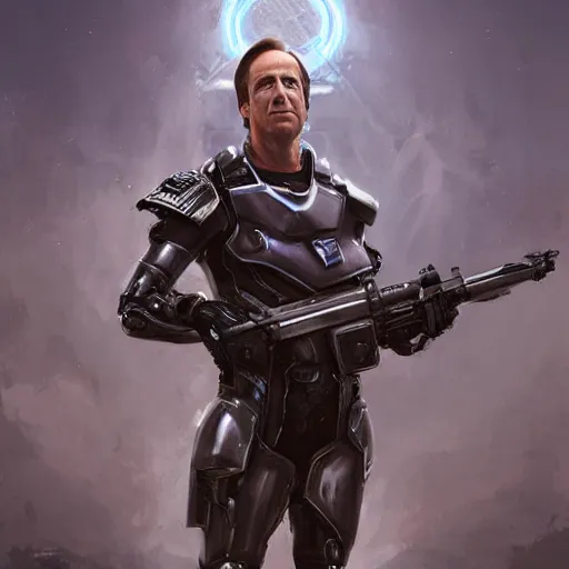 Prompt: Movie still of Saul Goodman wearing futuristic futuristic futuristic armour while holding a machine gun, highly detailed, digital painting, artstation, concept art, sharp focus, illustration, art by Tony Sart and artgerm and randy vargas