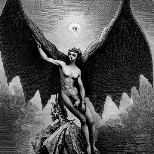 Prompt: a massive winged demon towering over a small person, highly detailed, high contrast, in the style of Gustave Dore