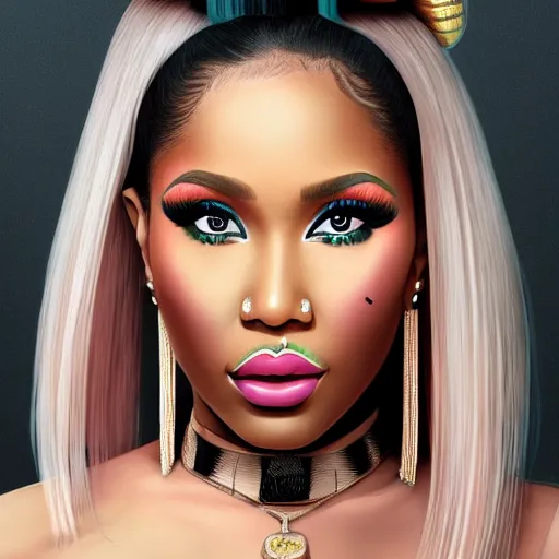 Prompt: nicki minaj portrait, highly detailed professional illustration, trending on artstation, hyper realistic 4 k