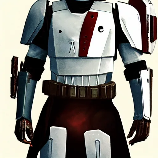 Prompt: Levi Ackerman, wearing a Mandalorian chest plate, holding his helmet. The chest plate is gray, red, gold, green, and white