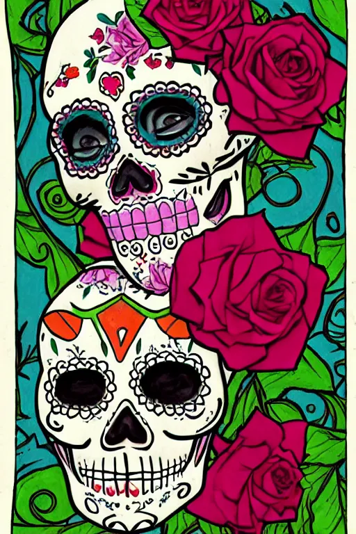 Image similar to illustration of a sugar skull day of the dead girl, art by earl moran