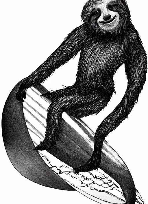 Image similar to beautiful cartoon professional drawing black ink of sloth riding surfboard