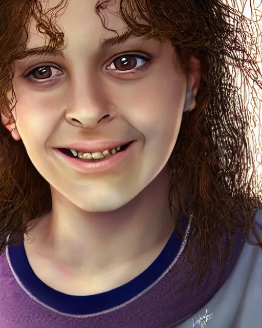 Image similar to close up portrait of 1 5 - year - old girl, smile with large front teeth, hermione granger, very bushy brown hair, and very bright brown eyes, wearing white shirt, hyper realistic face, beautiful eyes, character art, art by mark brooks, hyperdetailed, cryengine, trending on artstation, digital art