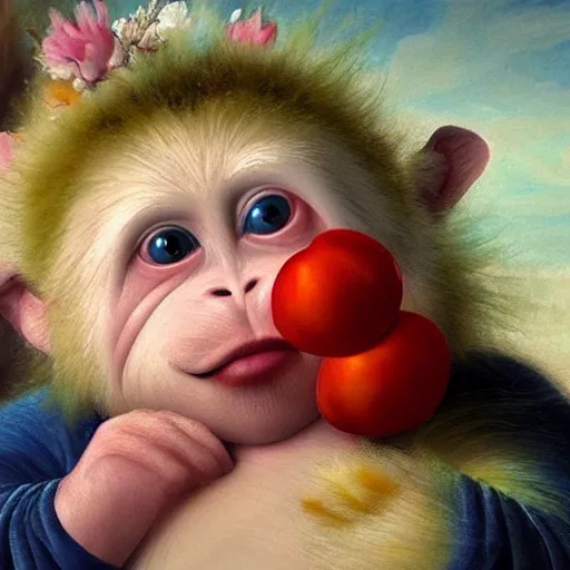 Image similar to magical scene. the sweet old very fat baby white monkey, red lips, blue eyes, is in love with her fancy beautiful colorful white fish. close up. clear face. subsurface scattering shiny skin. cinematic scene. glossy. highly detailed, color harmony, art station, ornate, caravaggio style. 3 d, beautiful lighting, old photography