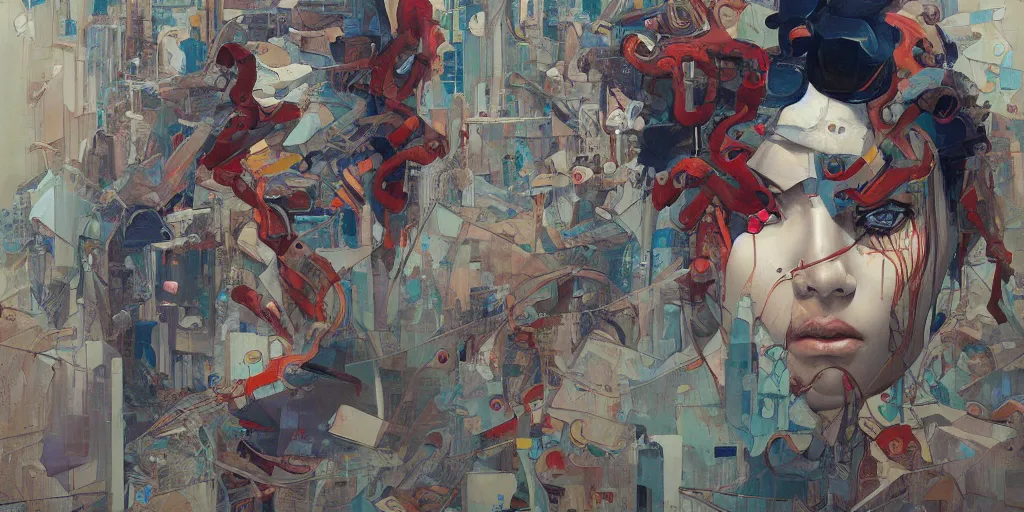 Image similar to gigantic oil painting art by james jean and satoshi kon and moebius, inspired by ghost in the shell anime, smooth face feature, intricate oil painting, high detail illustration, sharp high detail, manga and anime