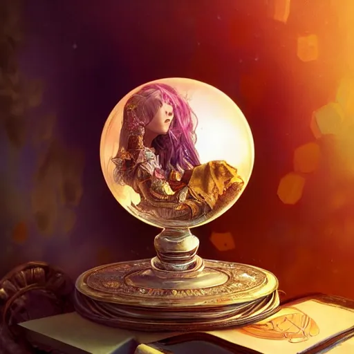 Image similar to crystal ball on a stand with a beautiful dreamscape inside, studio product photography, super highly detailed, professional digital painting, artstation, concept art, smooth, sharp focus, extreme illustration, unreal engine 5, photorealism, beautiful, cinematic, art by artgerm and rutkowski and alphonse mucha and loish and wlop